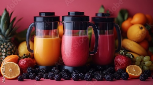 Three colorful fruit smoothies in glass carafes, surrounded by fresh fruit. photo