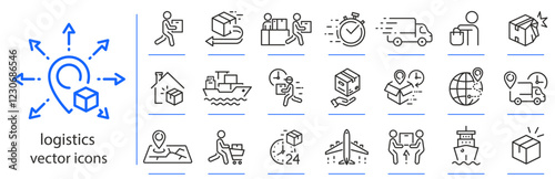 logistics icons, delivery simple icon set, shipping symbols, linear vector illustration, outline editable stroke
