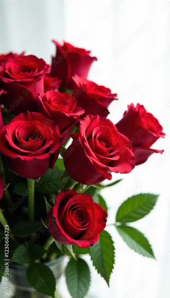 Vibrant red roses, lush bouquet, white background, red roses, stems, macro Vibrant red roses, lush bouquet, white background, red roses, stems, macro
