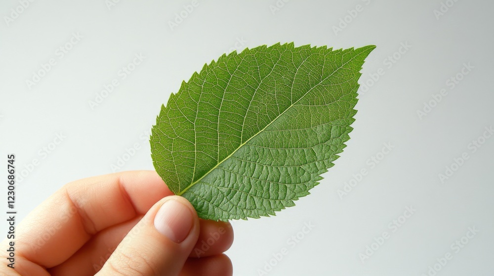 Close-Up of a Hand Holding a Detailed Green Leaf Against a White Background Close-Up of a Hand Holding a Detailed Green Leaf Against a White Background