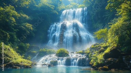 Majestic Waterfall Cascading Through Lush Green Forest Scenery. Generative AI