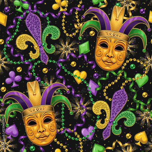 Seamless Mardi Gras pattern with golden Jester venetian mask, beads, streamer ribbons, card suits icons, trinket, Fleur de Lis sign. Randomly scattered objects. Festive holiday design. Vintage style