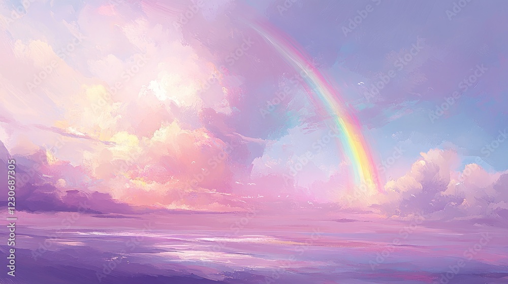 Pastel Sky Seascape With Rainbow Arcing Overhead Pastel Sky Seascape With Rainbow Arcing Overhead
