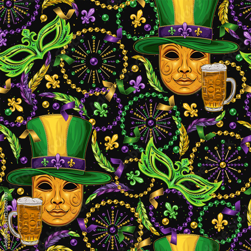 Seamless pattern with venetian golden mask in green tall hat, scattered fleur de lis, strings of beads, confetti. Mardi Gras carnival design. Vintage illustration for holiday, party design