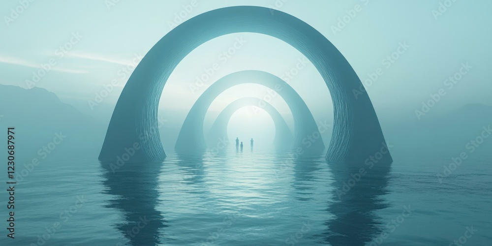 Fototapeta premium Surreal landscape featuring arches over water, ideal for artistic projects, meditation themes, or futuristic concepts.