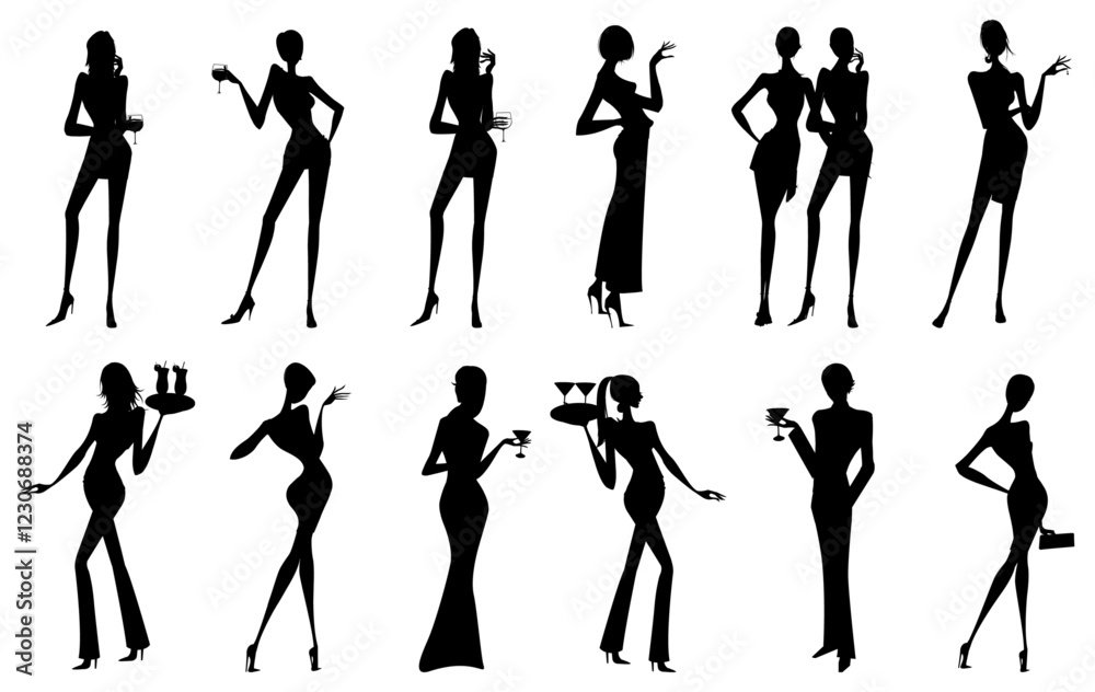 Obraz premium Cocktail Girls Silhouette Vector Pack graphic drawing illustration for stickers, streetwear, t-shirts, logos, print-on-demand, print, or branding
