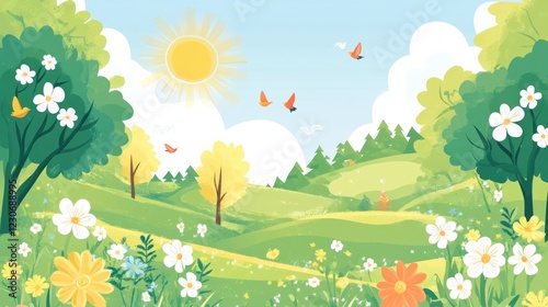 Sunny Springtime Landscape With Flowers And Birds