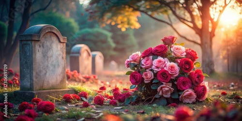 A serene landscape features a lone grave surrounded by a carpet of soft, velvety roses in shades of pink and red, creating a sense of calm and tranquility, serene, flowers