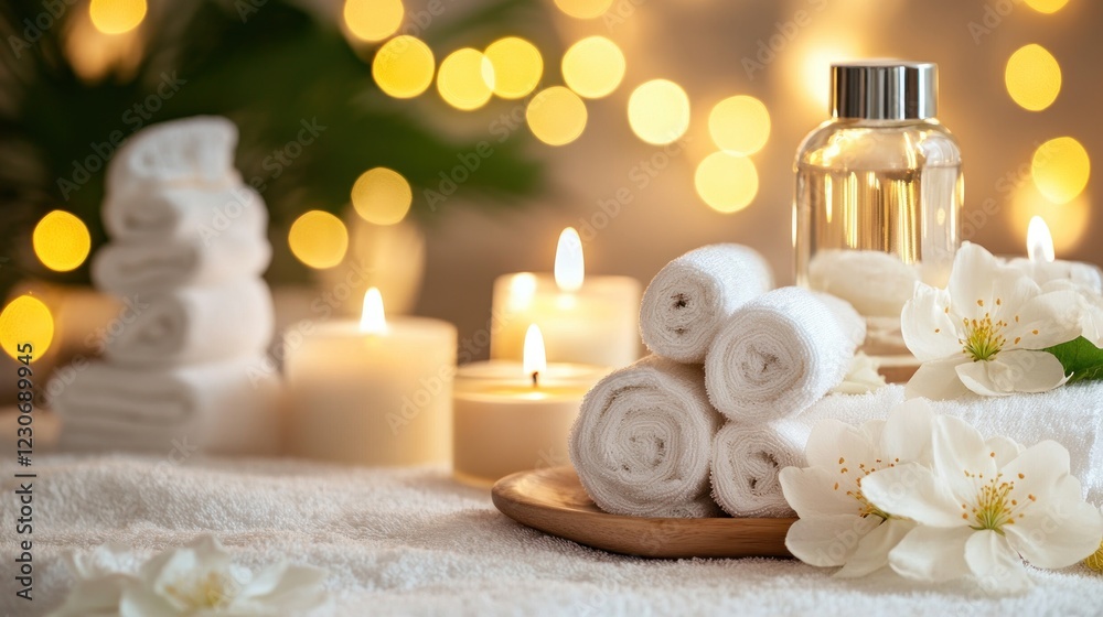 Serene Spa Setting with Rolled Towels Candles and Flowers