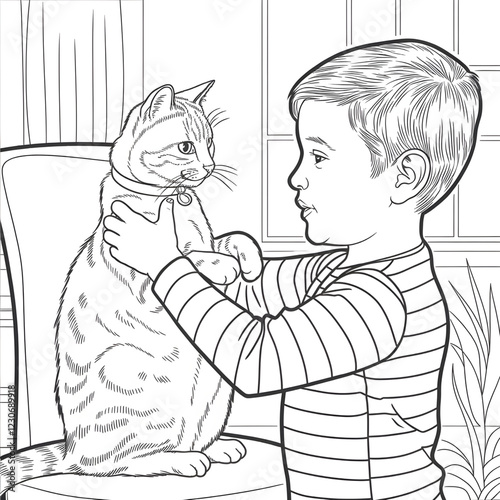 A boy in the playing cat colouring page 