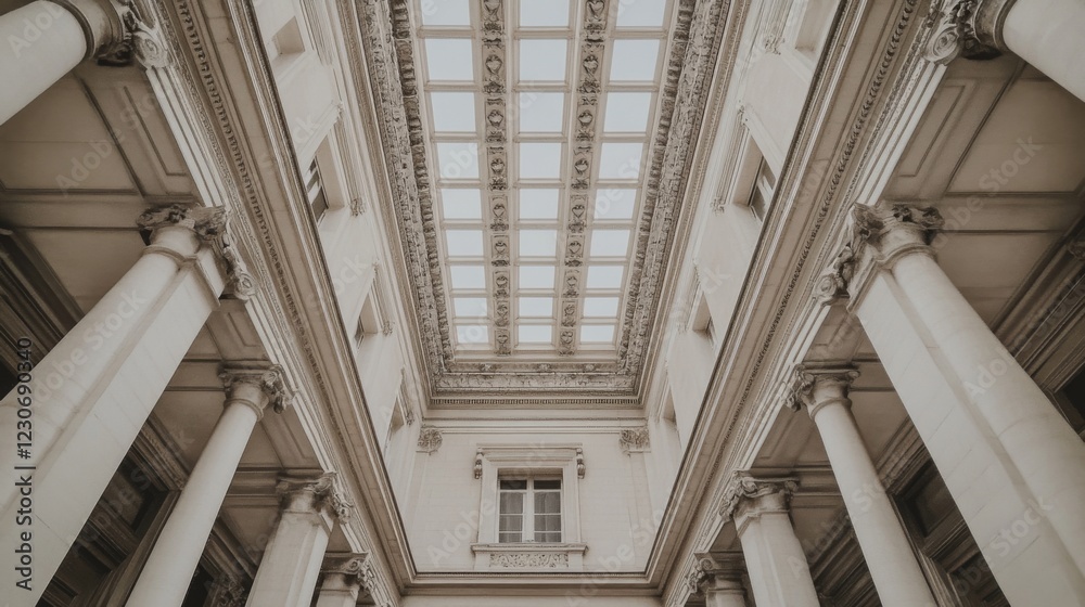 Low angle view of grand interior with columns, ornate ceiling, and skylights. Low angle view of grand interior with columns, ornate ceiling, and skylights.