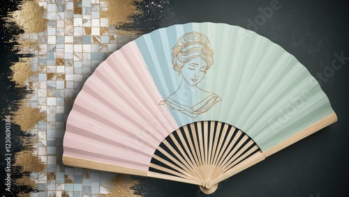 Pastel fan with elegant lady sketch gold details and modern mosaic abstract texture photo