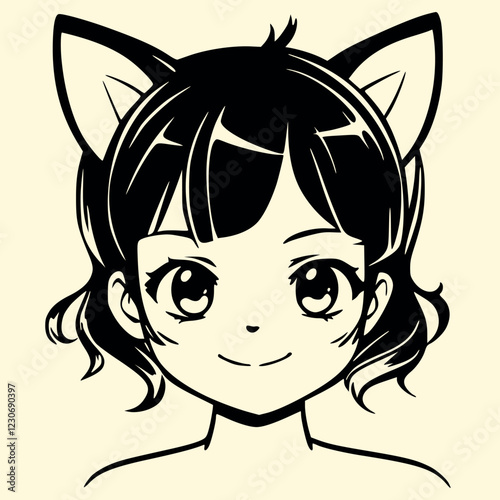 kawaii, anime, catgirl, neko, chibi, manga, view, minimalist, line art, black and white, cute, adorable, feline, anime girl, manga girl, neko girl, stylized, high contrast, japanese style, simple draw