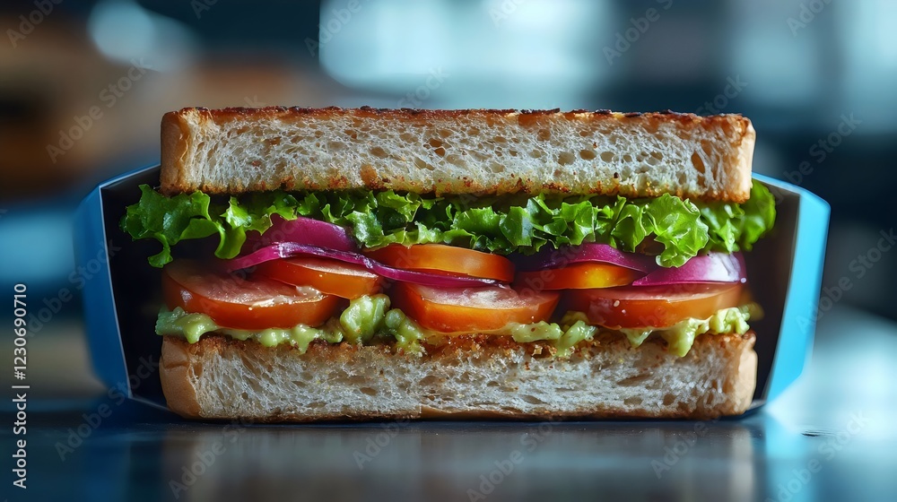 A sandwich with lettuce, tomatoes, and onions is cut in half A sandwich with lettuce, tomatoes, and onions is cut in half
