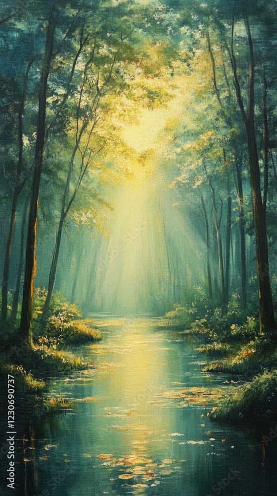 A painting of a forest with a river running through it. The painting is full of life and color, with the sun shining through the trees and casting a warm glow on the water A painting of a forest with a river running through it. The painting is full of life and color, with the sun shining through the trees and casting a warm glow on the water