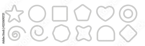 Rope borders frame. Square, star, rectangle, triangle, arc, flower, circle and oval isolated vector PNG