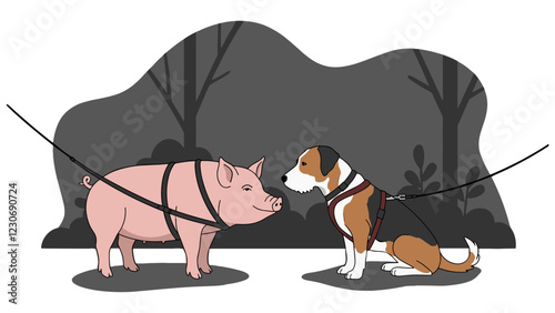 Flat design illustration of pig pet and dog meeting in the park while walking