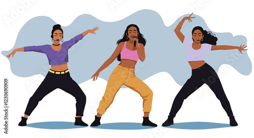Three I-pop female stars practicing choreography. Minimalist flat design