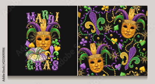Seamless Mardi Gras pattern with Jester venetian mask, beads, card suits icons, trinket, Fleur de Lis sign. Composition with golden jester mask in harlequin hat, festival food king cake, text