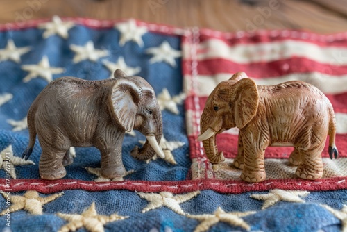 Two elephant figurines face off on an American flag, symbolizing political division.