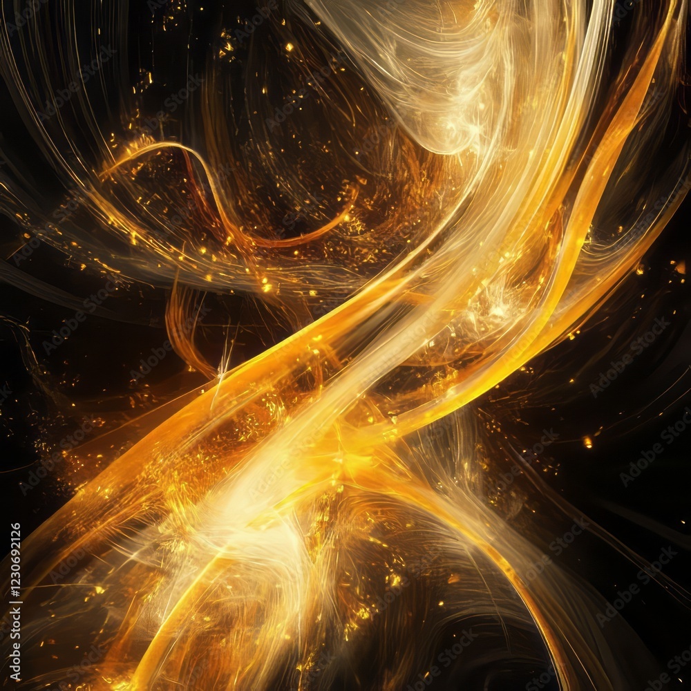 Fototapeta premium Vibrant abstract design featuring swirling golden light patterns on a dark background, evoking a sense of energy and motion.
