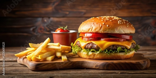 A juicy hamburger with melted cheese sitting on a wooden table surrounded by French fries and a side of ketchup and mustard, musturd, delicious photo