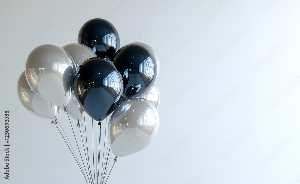 Glossy blue and silver balloons depicted on a pastel colored backdrop. Open area for birthday, party, or promotion social media banners and posters. Realistic 3D render of the balloons Glossy blue and silver balloons depicted on a pastel colored backdrop. Open area for birthday, party, or promotion social media banners and posters. Realistic 3D render of the balloons