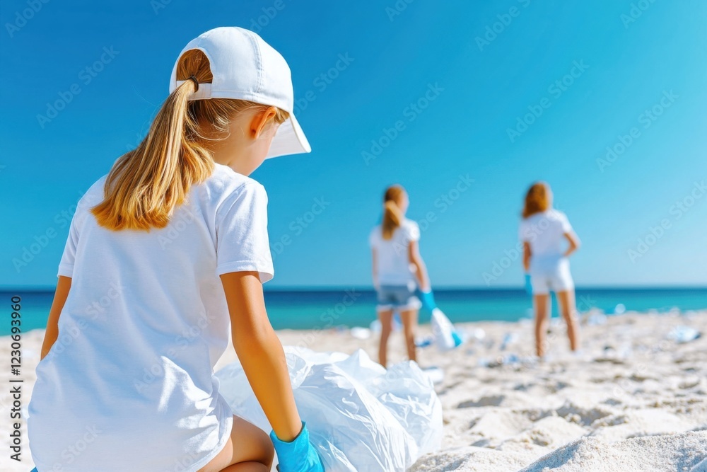 Team of teenagers removing plastic waste from a beach in sunny weather, showcasing teamwork and environmental responsibility Team of teenagers removing plastic waste from a beach in sunny weather, showcasing teamwork and environmental responsibility