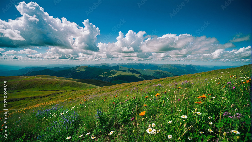 Fototapeta premium Beautiful scenery of mountains, blue sky, flowers and vibrant colors