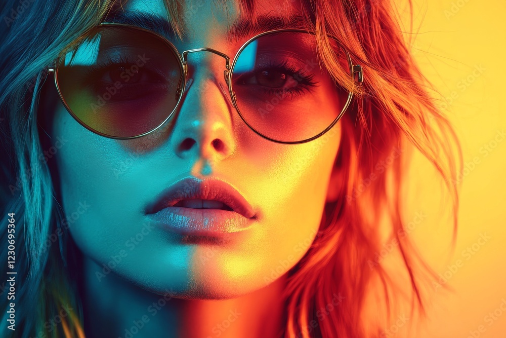 Stylish portrait of a woman with sunglasses illuminated by colorful lights Stylish portrait of a woman with sunglasses illuminated by colorful lights