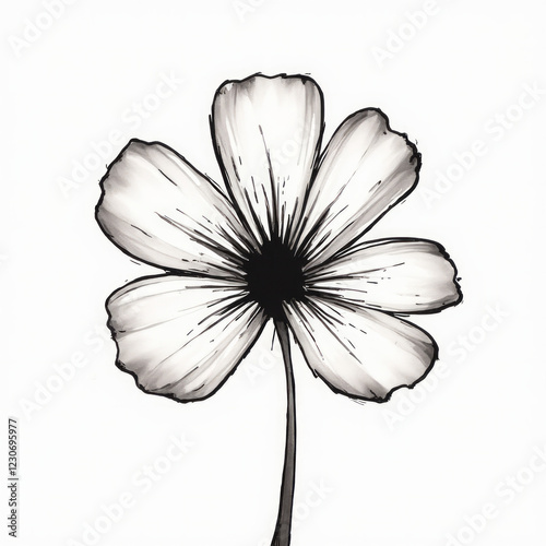 Abstract Minimal Floral Doodle with Ink Brushstrokes on a White Background