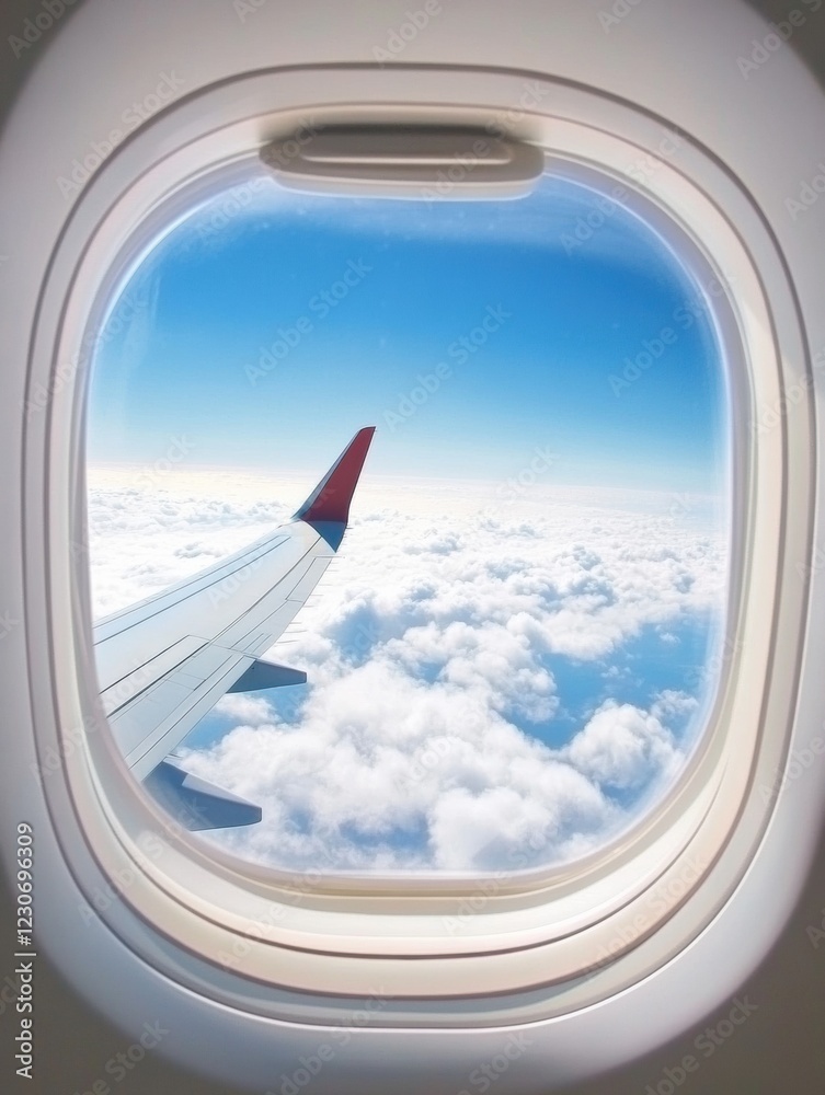 View from an airplane window showing wing and fluffy clouds under bright blue sky. Generative AI View from an airplane window showing wing and fluffy clouds under bright blue sky. Generative AI
