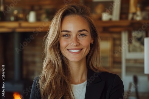 Smiling woman with long hair in a cozy indoor setting near a fireplace