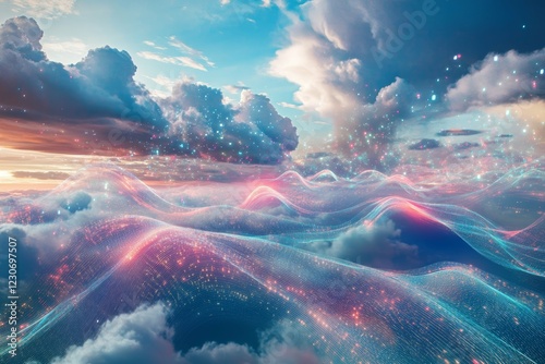 Surreal Digital Landscape with Ethereal Clouds and Vibrant Waves in a Fantasy Dreamscape photo