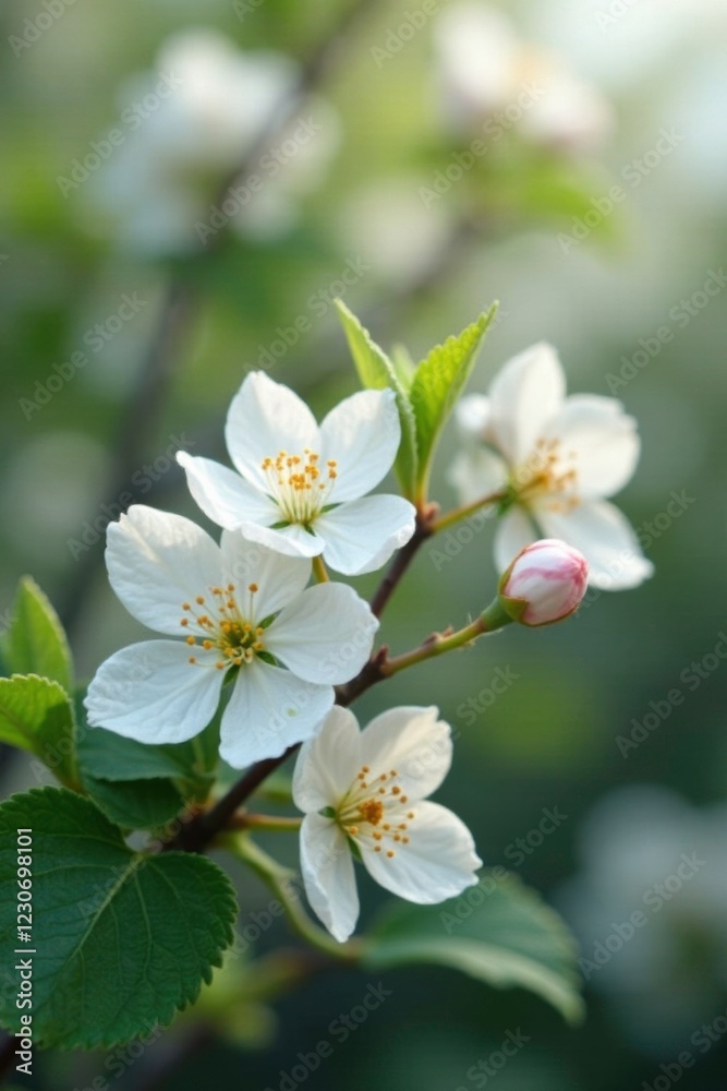 White flowers adorn blackberry branch in full bloom, spring, plant White flowers adorn blackberry branch in full bloom, spring, plant