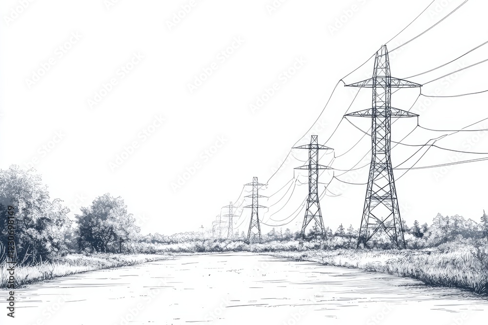 Power lines extend across a tranquil landscape lined with tall grass and trees under a vast sky Power lines extend across a tranquil landscape lined with tall grass and trees under a vast sky