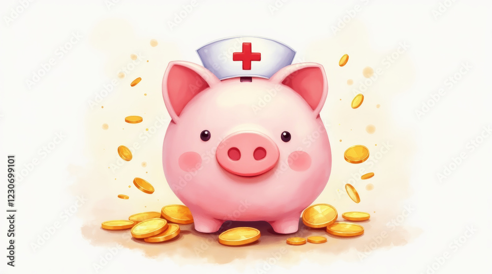 Soft Watercolor Illustration of a Smiling Pink Piggy Bank Symbolizing Health Savings Soft Watercolor Illustration of a Smiling Pink Piggy Bank Symbolizing Health Savings