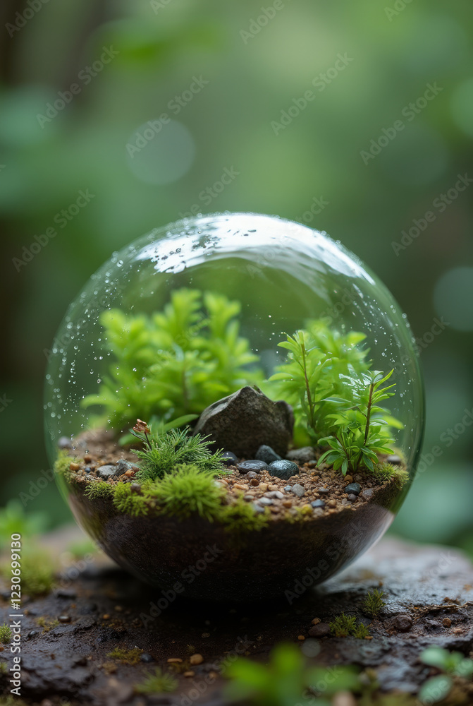Close-Up Shot of a Glass Globe Inside a Miniature Terrarium Surrounded by Tiny Plants Close-Up Shot of a Glass Globe Inside a Miniature Terrarium Surrounded by Tiny Plants