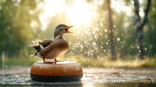 This delightful image captures a duck joyfully quacking on a floating object, surrounded by misty light and droplets, evoking a playful and vibrant atmosphere in nature.
