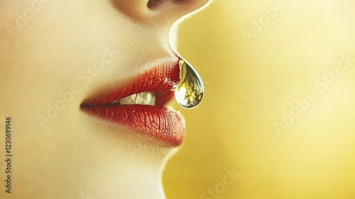   A close-up of a woman's lips with a droplet of water on the corner of her lower lip photo