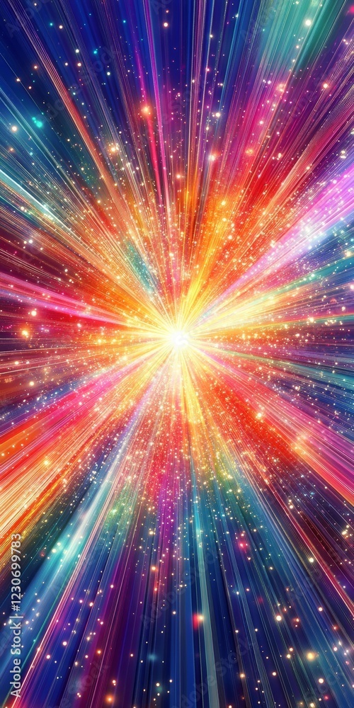 Fototapeta premium A colorful explosion of light with a bright yellow center. The colors are vibrant and the light is scattered in all directions