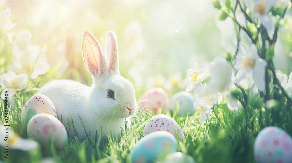 Fototapeta premium White Bunny Amidst Easter Eggs and Spring Flowers