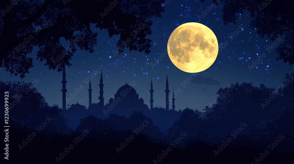 Nighttime Mosque Silhouette Under a Full Moon and Stars Nighttime Mosque Silhouette Under a Full Moon and Stars
