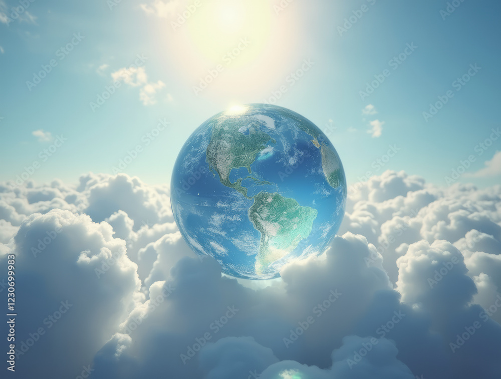 Suspended Glass Globe Above a Bed of Fluffy Clouds with Soft Sunlight Suspended Glass Globe Above a Bed of Fluffy Clouds with Soft Sunlight