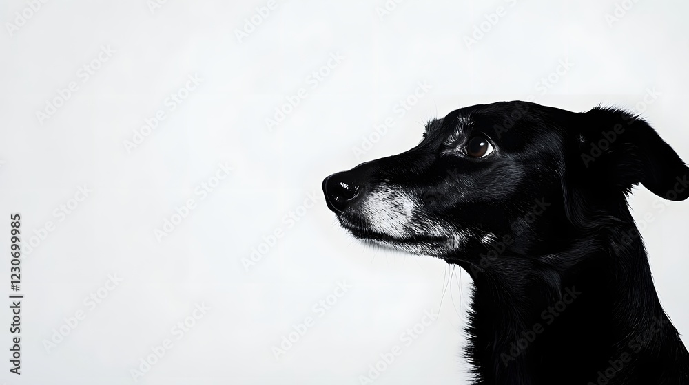 Fototapeta premium A black dog looks thoughtfully to the side against a white background.