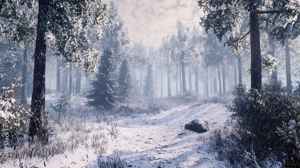 Naklejka premium Snowy path through a misty winter forest.