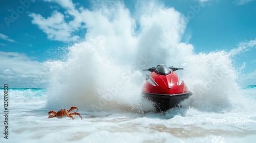 A striking red jetski cuts through ocean waves, showcasing the excitement of water sports with splashing water while a crab scuttles nearby on the beach. photo