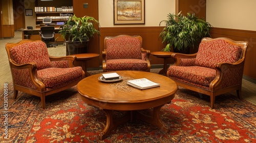 Elegant Red Upholstered Chairs Surround Wooden Coffee Table