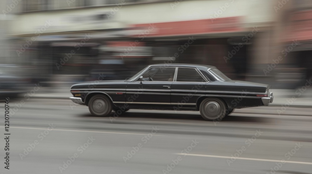Black classic car speeding on city street, motion blur. Black classic car speeding on city street, motion blur.