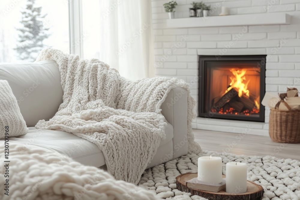 Fototapeta premium Cozy winter evening in a modern living room with a warm fireplace and soft textures